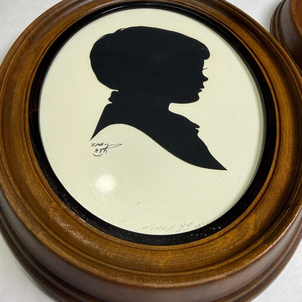 Vintage 1983 Signed Silhouette Portraits Boy and Girl Oval Wood Frames Pair